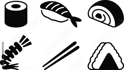 Diverse Sushi Selection Black and White Icons Japanese Cuisine Concept