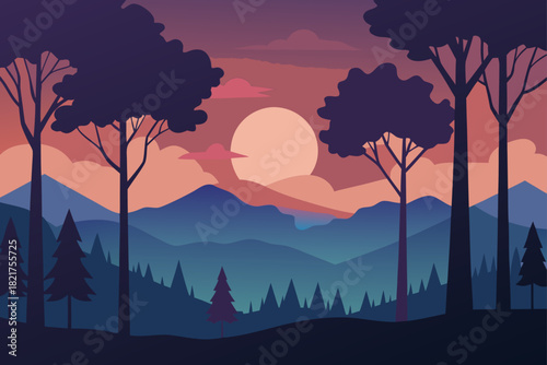 Beautiful orange sunset and sunrise landscape with trees and clouds over the silhouette mountains