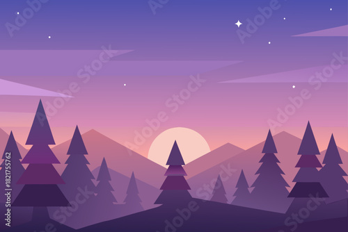 Winter mountain forest landscape vector illustration with snow, pine trees, and a night sky scene