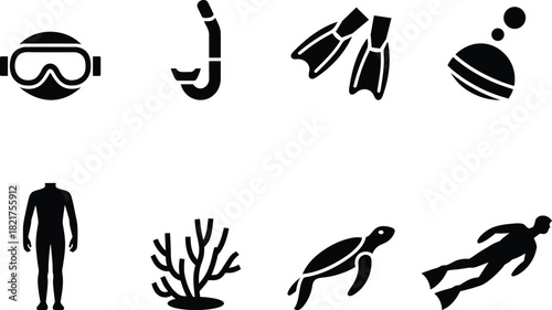 Black and white icons set for snorkeling and scuba diving activity