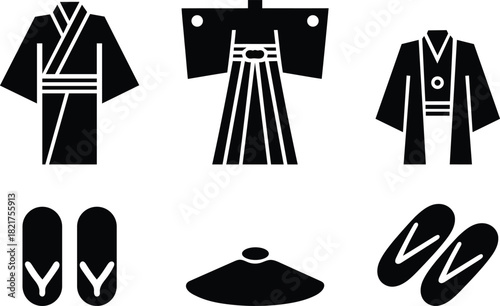 Japanese Traditional Clothes Set Kimono Hakama Hat and Sandals Icon Vector