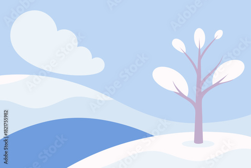 Winter forest landscape with snow-covered trees, blue sky, and white frost