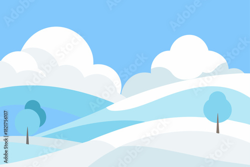 Winter mountain landscape illustration with blue sky and cloudscape art