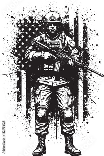 American Soldier Silhouette Holding Rifle in Black and White with Grunge Flag Background Patriotic Military Design Illustration