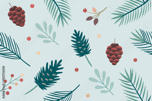 Seamless autumn nature vector pattern with rowan berries, leaves, and flowers for textile design and wallpaper
