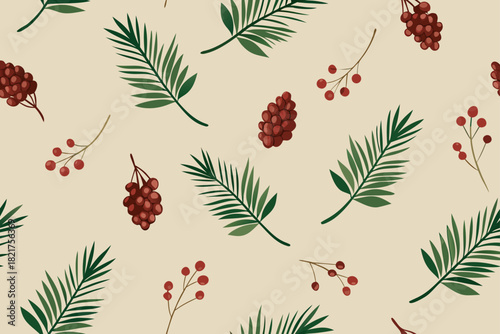 Seamless vector nature pattern with vintage red rowan berries, green leaf, and floral branch decoration