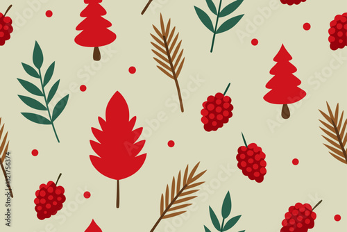 Autumn nature seamless vector pattern illustration with floral berry and leaf branch design texture