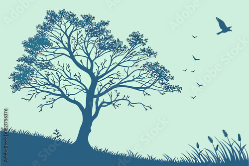 Tree & Birds Flying Print | Blue Minimalist Landscape Art