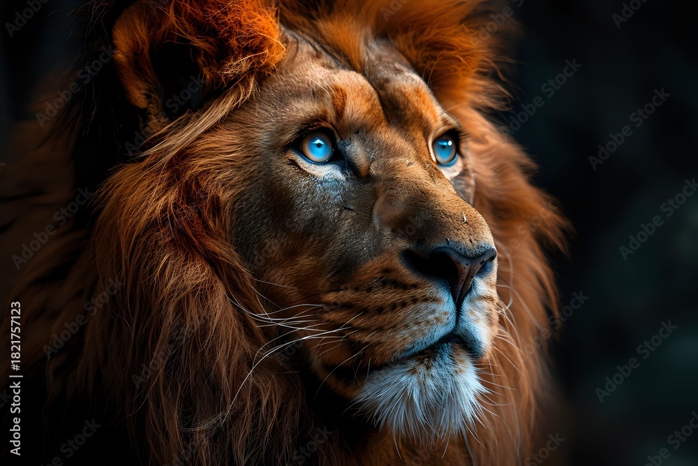 Naklejka premium Majestic lion with striking blue eyes and rich auburn mane against dark background, portraying strength and wild beauty in dramatic lighting.