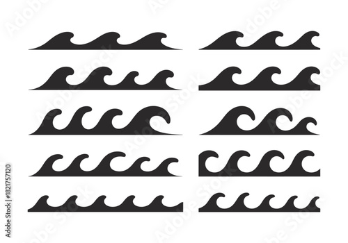 Stylized black ocean wave icons and patterns for water designs.