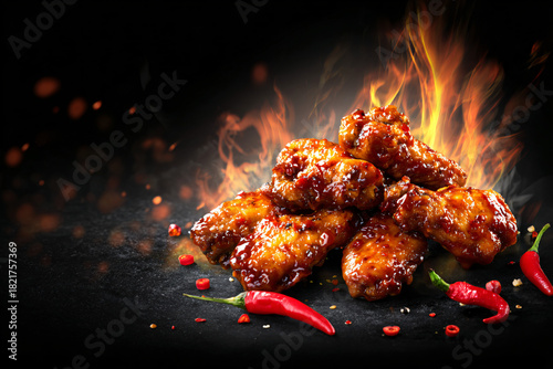 Realistic spicy chicken wings surrounded by dynamic flames and chili peppers, glossy glaze texture