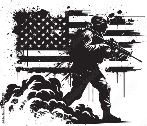 American Soldier Silhouette with Grunge Flag and Smoke Illustration for Patriotism and Military Appreciation