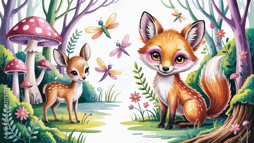 Adorable fox and deer amidst whimsical forest scenery, dragonflies fluttering, playful nature scene for children's designs, and magical woodland themes