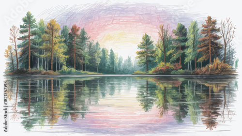 Tranquil lake scene with dreamy sunset and forest reflections perfect for nature lovers, calming visuals, and serene backgrounds in your next project