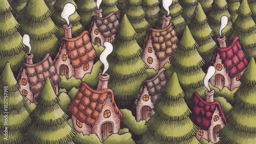 Whimsical forest village illustration, cozy cabins with smoking chimneys nestled among evergreen trees, evoking a sense of fantasy and fairytale charm