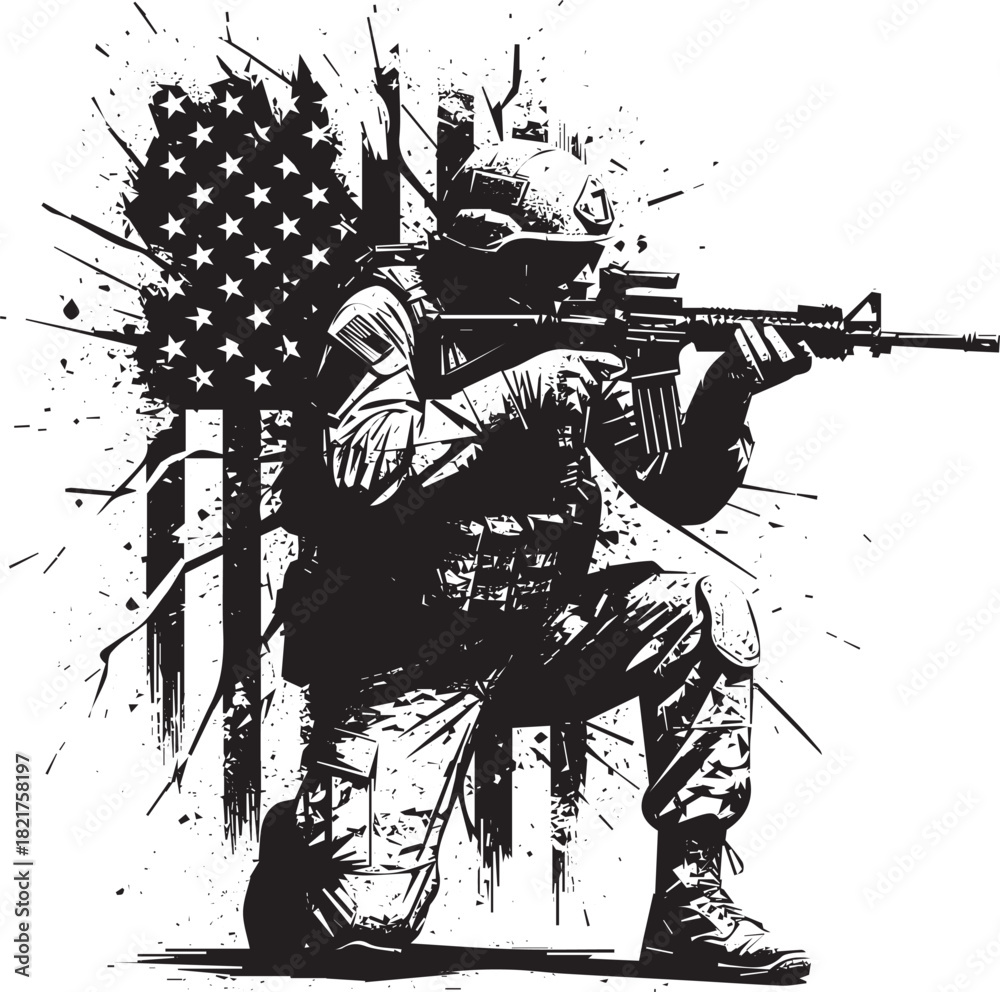 Naklejka premium American Soldier Silhouette with Grunge Flag Illustration in Black and White Striking Graphic Design