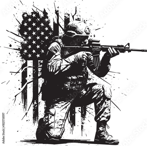 American Soldier Silhouette with Grunge Flag Illustration in Black and White Striking Graphic Design