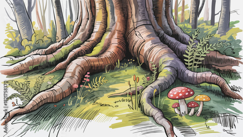 Enchanting forest floor scene with majestic tree roots and whimsical mushrooms, evoking a sense of wonder and natural beauty perfect for fantasy themes