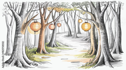 Enchanted forest path with glowing lanterns, inviting and serene, perfect for fantasy, travel, or peaceful escape designs, originally created as vector art