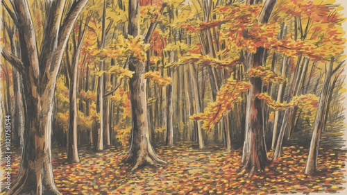 Stunning autumn forest illustration with vibrant golden and orange leaves, ideal for seasonal designs and nature-themed projects, evoking peacefulness and beauty