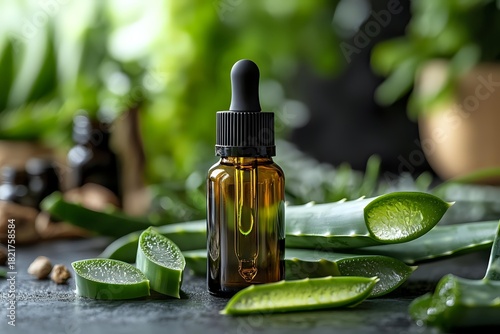 Amber glass dropper bottle with aloe vera extract and fresh cut aloe leaves on dark surface, natural skincare concept.