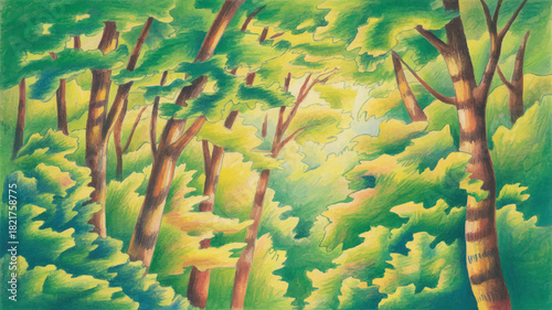 Sunlit forest canopy illustration with rich green foliage and textured tree trunks, evokes serenity and fresh air, perfect for nature-themed projects