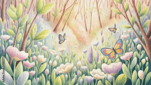 Enchanting forest scene with butterflies and wildflowers, perfect for nature lovers, dreamy designs, and magical storybooks illustrations