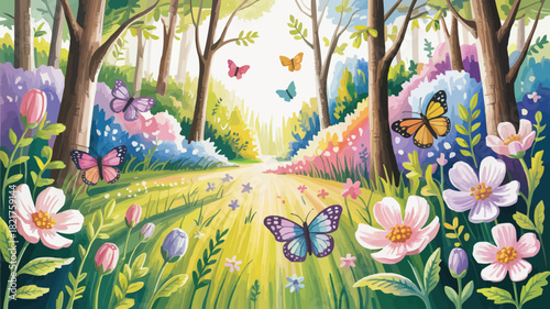 Enchanting forest path with vibrant flowers and butterflies, perfect for spring designs and whimsical projects, originally a scalable vector graphic