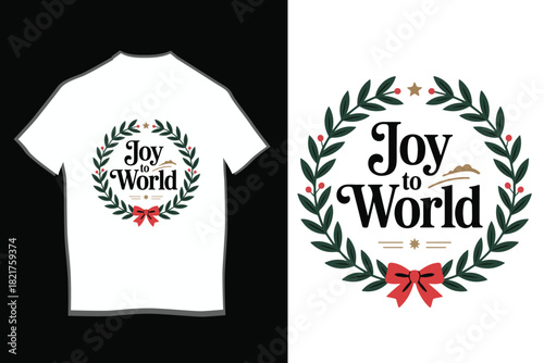 Joy to the World Vintage Typography Wreath T-Shirt Design | Holiday Scripture Quote