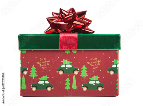 Christmas gift box with red bow isolated on white background. Clipping Path