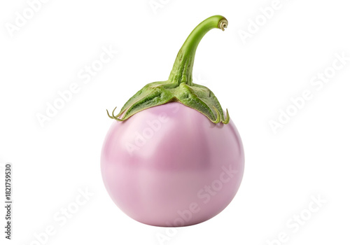 A single round, pale purple thai eggplant with a prominent green calyx and stem, isolated on transparent background