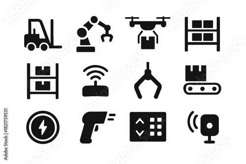 Vector arm smart rack belt icon picking autonomous warehouse node drone conveyor