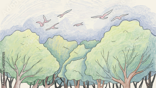 Peaceful flight over the treetops, a stunning nature scene perfect for backgrounds, book covers, or any project needing a touch of serenity and beauty