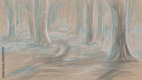 Enchanting forest scene with towering trees and a path, perfect for nature lovers and outdoor adventures, original vector design for versatile use