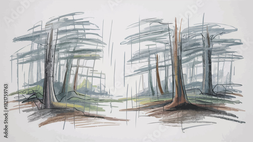 Serene forest landscape art evokes peaceful reflection, perfect for nature-inspired designs and calming visuals of tall trees in the wilderness