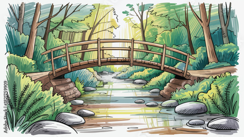 Tranquil forest scene with wooden bridge crossing stream, perfect for nature lovers and peaceful designs, originally a vector graphic for easy scaling