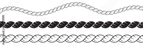 Rope pattern brush set vector. Set of twisted vector rope icon or cordage with loops. Rope brushes set. Rope seamless pattern vector illustration.