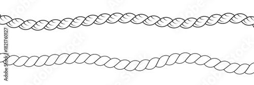 Set of rope knot. Nautical, travel loop. Vintage outline vector border isolated on white background. Line art. Knit patterns and rope brushes. Rope textures.