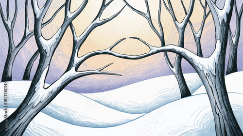 Serene winter landscape with snow-covered trees, evoking peace and tranquility for holiday season marketing and design projects, originally a scalable vector graphic