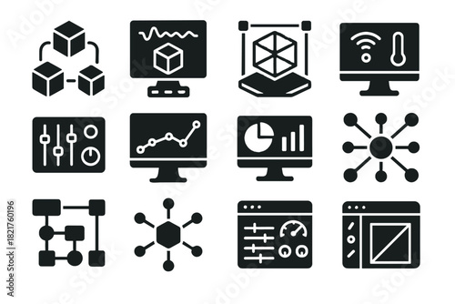 Display simulation connectivity digital control diagram icons workflow vector monitoring panel twin