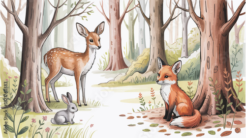 Enchanting forest scene featuring adorable deer, fox, and rabbit, radiating woodland charm and whimsical delight, perfect for children's illustrations