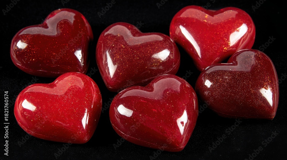 Fototapeta premium Shiny Red Heart-Shaped Decorations Perfect for Valentine's Day Celebrations, Romantic Gifts, and Crafting Projects in Various Creative Settings