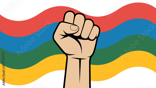 Raised fist symbol of power, protest, and unity with wavy flag