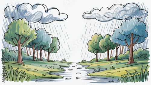 Calming rainy day scene with lush trees and a gentle stream, perfect for nature lovers and peaceful moments, originally a scalable vector graphic