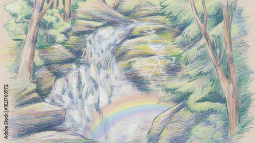 Serene waterfall cascading through lush forest trees, a rainbow forming in the mist, peaceful nature scene for travel, adventure, and environmental themes