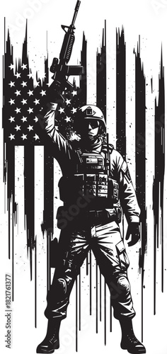 Brave Soldier Celebrating Victory With American Flag Grunge Background Patriotic Illustration in Black and White