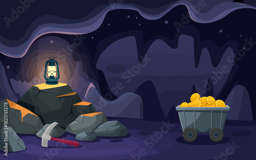 Glowing lantern, pickaxe, and full cart of gold coins in a cave