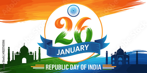 Republic day of india, festive banner with flag colors and landmarks.