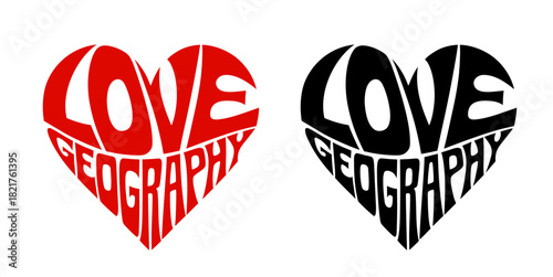 Heart-shaped sticker set featuring "Love geography" in colorful and black design	