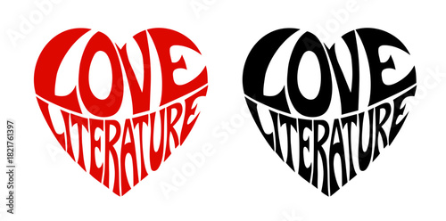Heart-shaped sticker set featuring "Love literature" in colorful and black design	